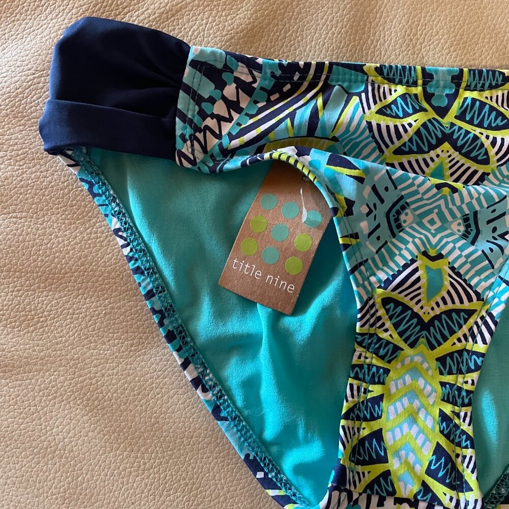 NWT Title Nine size small swimsuit bottoms, tribal print navy, turquoise, yellow - Picture 2 of 5